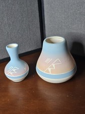 Sioux Pottery Vases Sgraffito Decorated Signed LittleThunder& EagleHawk Sioux
