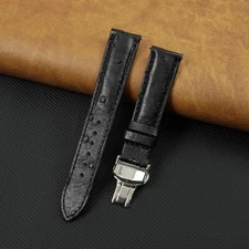 18mm Black Padded Genuine Ostrich Leather Watch Strap Silver Deployment Buckle