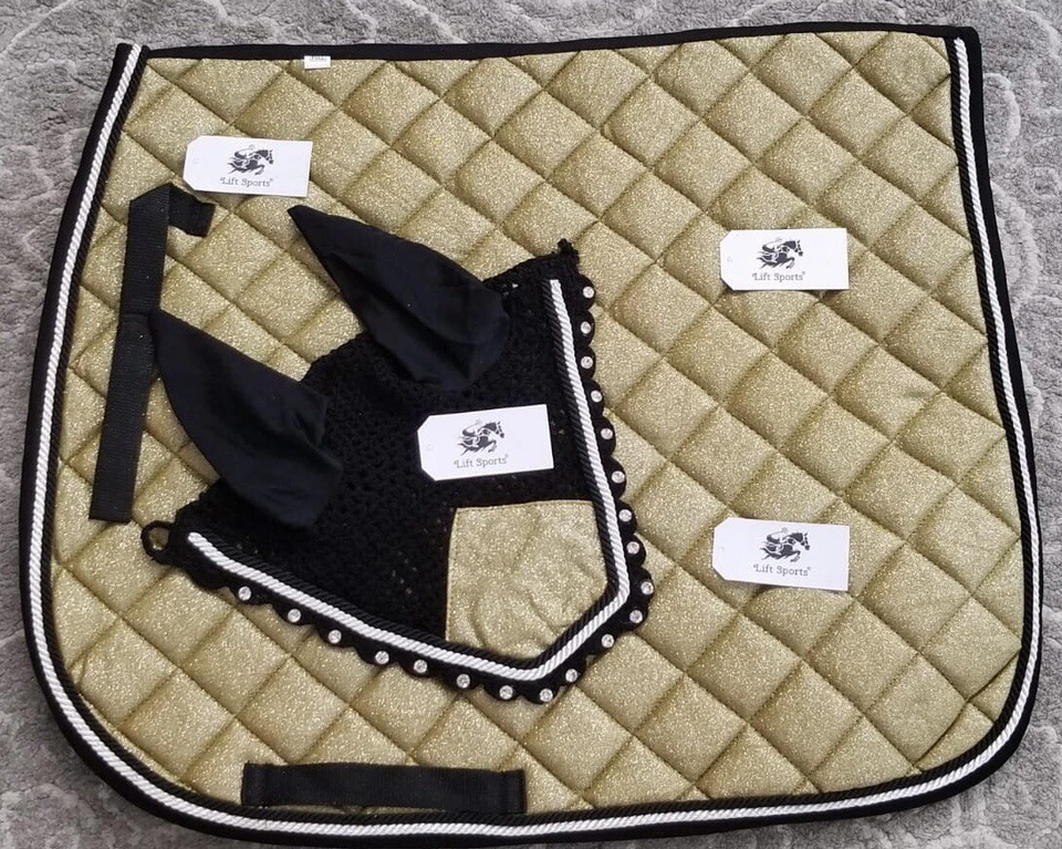 Glittery Horse English Saddle Pad Set with Matching Fly Bonnet/Veil Ear Net Mask - Image 2 of 4
