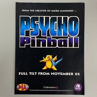 PSYCHO FLIPPER VIDEOSPIEL CODEMASTERS 1994 VINTAGE RETRO WERBUNG