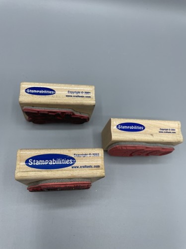 Set 3 Stampabilities Rubber Stamps Wood Mounted River Boat Old Car Hat Box Stack - Picture 6 of 8