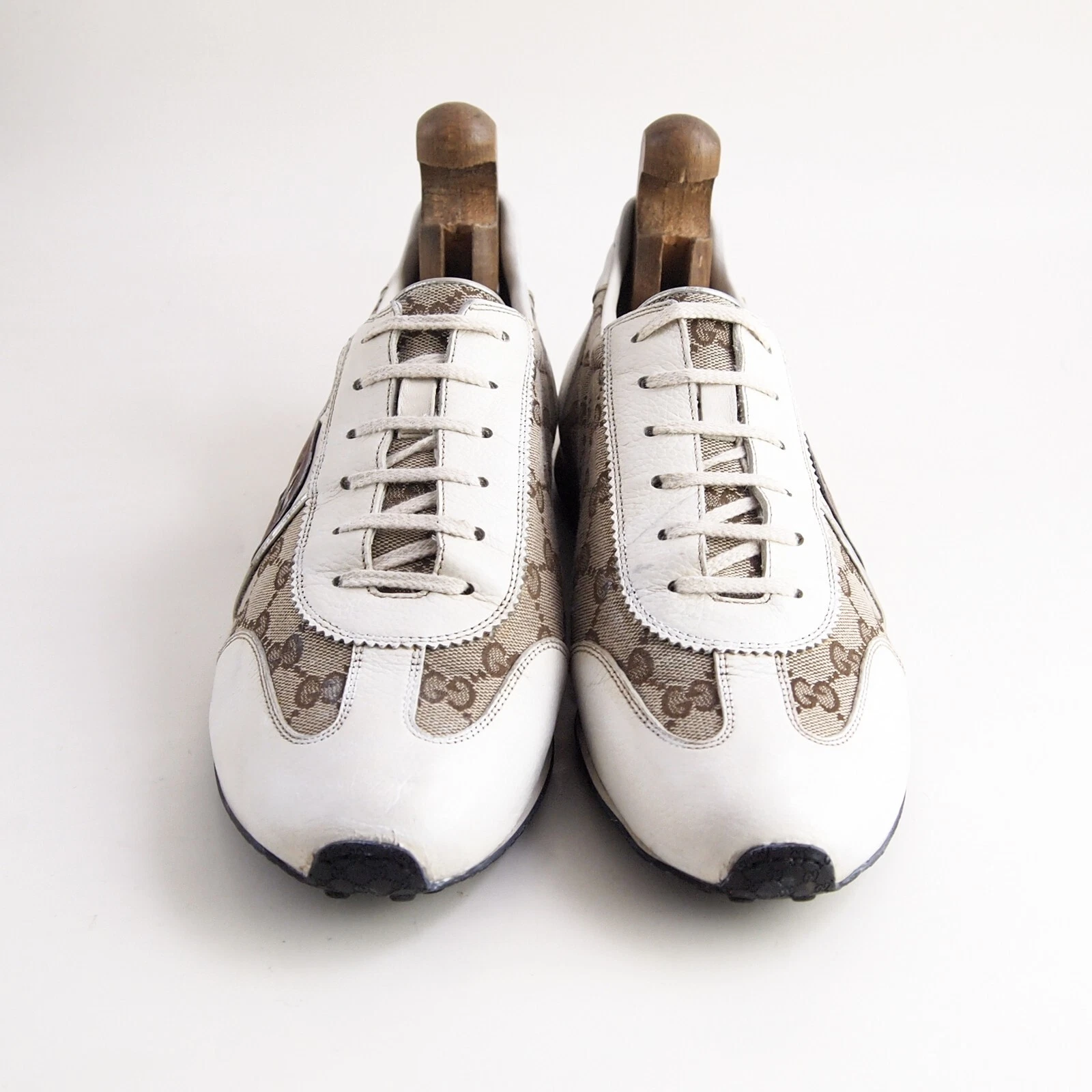 Baskets basses Gucci cuir blanc marron toile GG homme taille US 10,5 EU 43,5 G