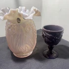 Fenton Daffodil  Glass Vase, Pink Opalescent Iridescent And Purple Glass Goblet