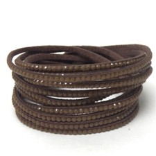 Faux Brown Leather Wrap Bracelet Snap Closure Adjustable Rhinestone Sparkling