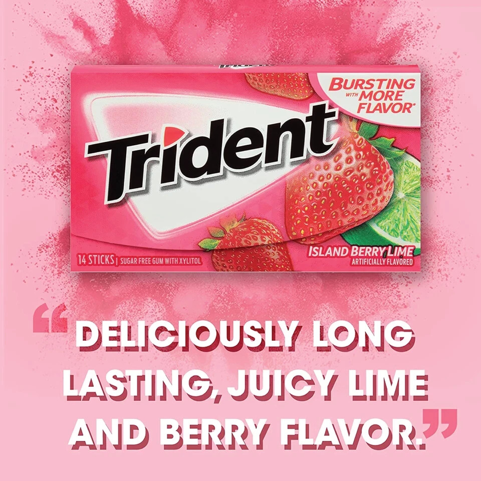 3x Packs Trident Island Berry Lime Flavor Sugar Free Gum, 14