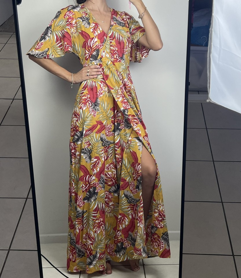 Maxi Wrap Dress Womens M Palm Leaf Yellow Mustard Tropical Boho Resort Summer