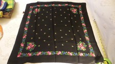 Vintage Wool SCARF Shades of Pink Roses Rosebuds on Black,28"x28"