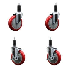 5 Inch SS Red Poly Wheel Swivel 1-1/4 Inch Expanding Stem Caster Set 2 Brakes