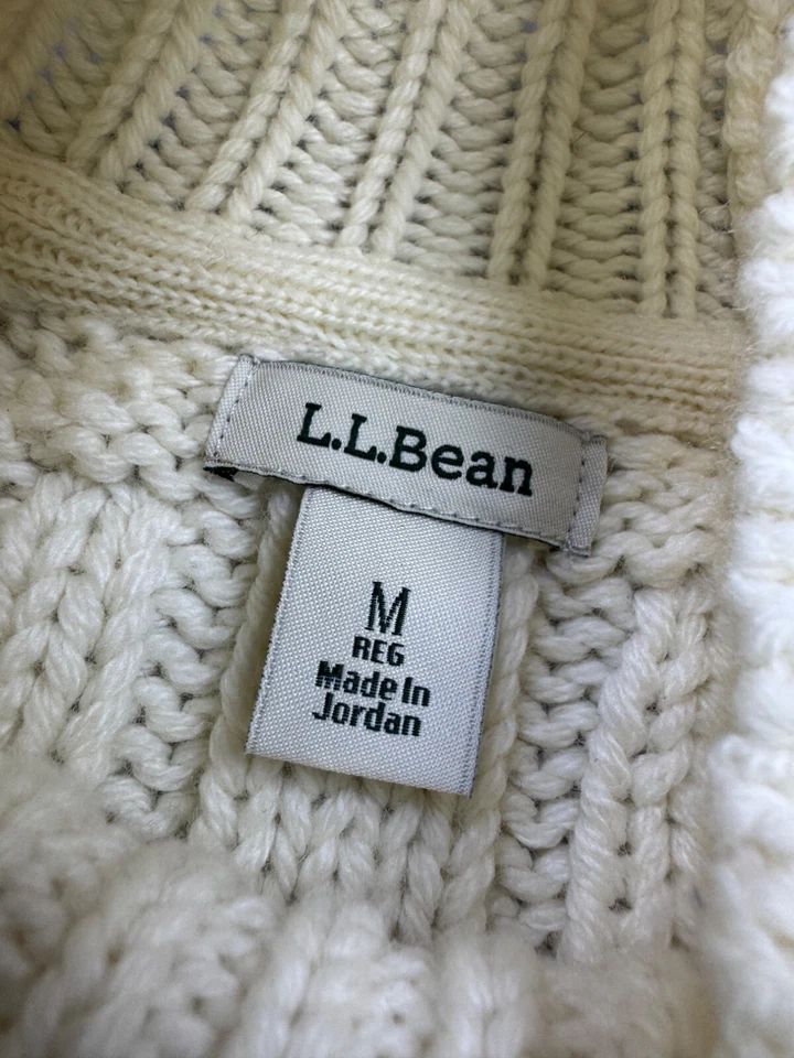 LL Bean Sweater Women Medium Ivory Wool Chunky Cable Knit Fisherman Mock Neck - Image 3 of 4