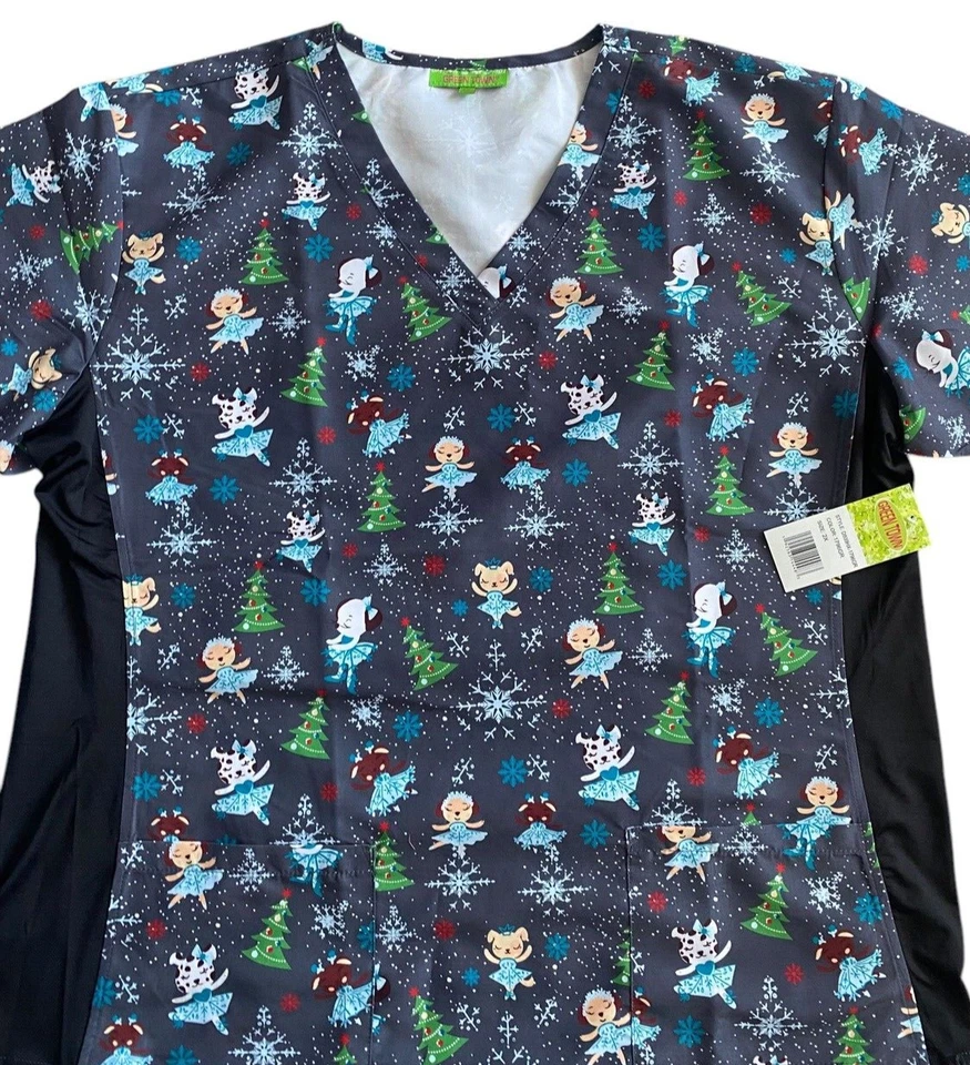 Green Town Christmas Scrub Top - 2X - Gray w/ Christmas Trees & Ballerinas - Image 2 of 4