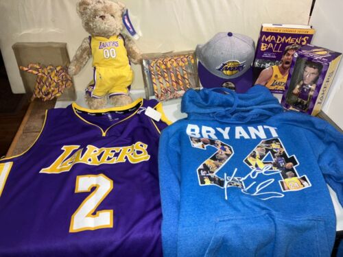 LA LAKERS FAN LOT, KOBE BRYANT HOODIE SWEATSHIRT, BALL JERSEY, NEW ERA HAT, CAP