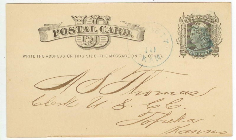1877 Garnett Kansas on postal card - signed W A Johnson - one of town founders