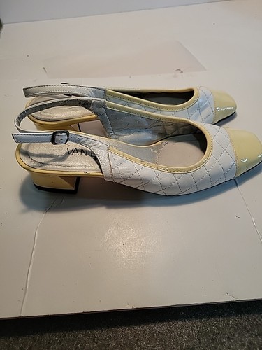 Vaneli Nappa Shoes Slingback Size 6.5 White Quilted Pale Yellow Patent Detail - Picture 2 of 12