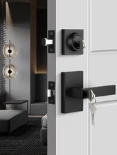 Black Exterior Door Lock Set, Front Door Lock Set with Deadbolt, Square Conte...