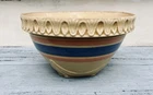 Antique McCoy Yellow Ware Blue Pink Striped Mixing Bowl Piecrust Rim 8.5”