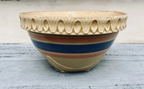 Antique McCoy Yellow Ware Blue Pink Striped Mixing Bowl Piecrust Rim 8.5”