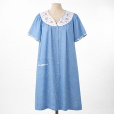 Vtg 90s Floral Embroidered Button House Dress Size L Blue Cottagecore Nightgown