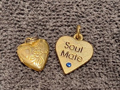 Lot Of 2 Gold Tone Heart Necklace Pendants Etched Locket, Rhinestone ''Soul Mate''