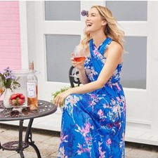 Adrianna Papell FLORAL-PRINT CHIFFON LONG FIT & FLARE HALTER GOWN Blue 12 NWT