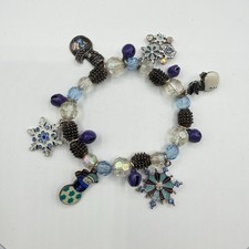 Winter Charm Beaded Stretch Bracelet Snowflake Snowman Holiday Gift Blue Boho
