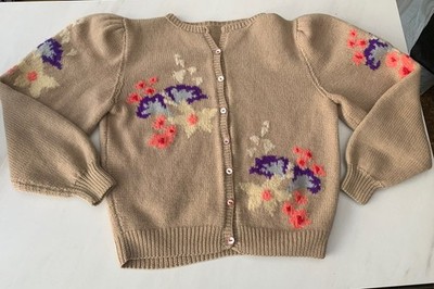 Vintage Kim Hargreaves 90s Rowan Hand Knit Wool Cardigan Floral 40s Style 