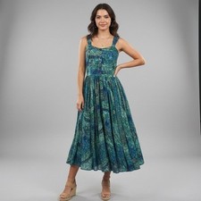 Vintage Paris Sports Club 100 Cotton Midi Blue and Green Floral Women's Dress