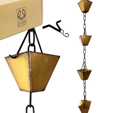8.5ft Golden Powder-Coated Metal Rain Chain for Gutters, DIY Installation Kit