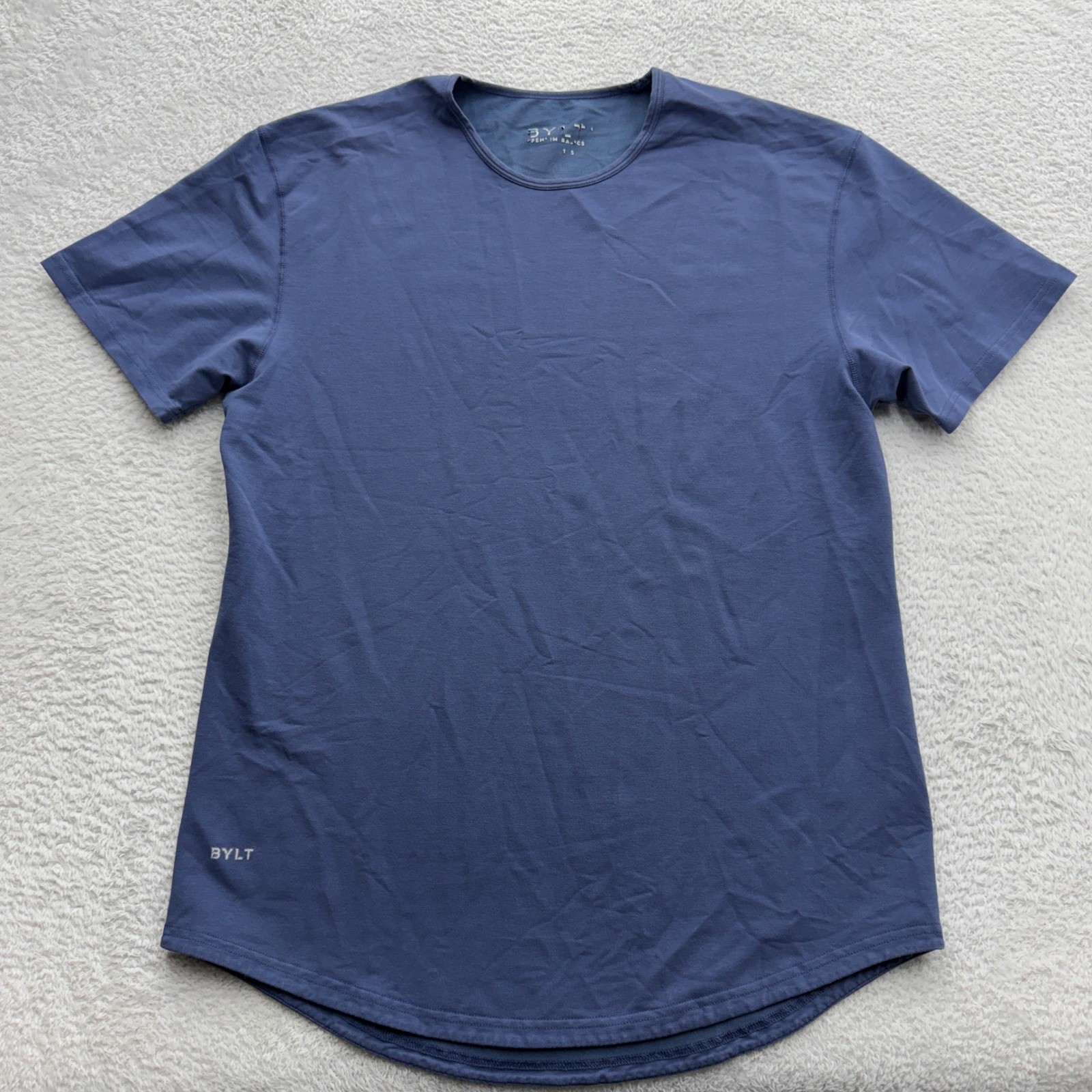 BYLT Premium Basics Mens Drop Cut T-Shirt Blue Short Sleeve Curved Hem Size L