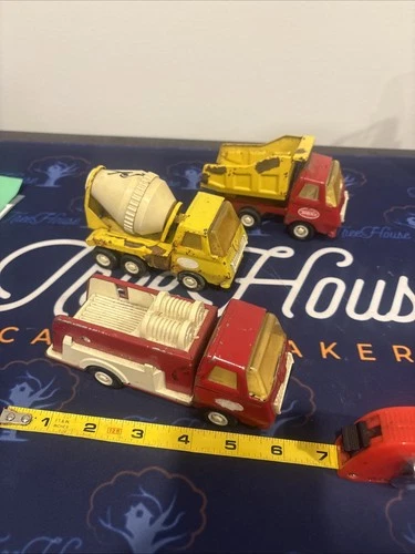 3 VINTAGE TONKA MINI Trucks CEMENT TRUCK & DUMP TRUCK FIRE TRUCK PRESSED STEEL