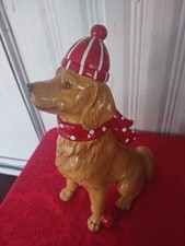 Christmas Golden Retriever Dog Figurine Ceramic Statue Red Hat Scarf Holiday