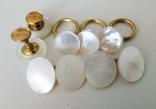 Antique Mother of Pearl Cufflinks Dress Shirt Buttons & Collar Studs formal wear
