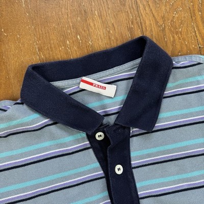 Vintage Prada Sport Baby Blue Purple Green Striped Polo Shirt Size