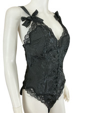 VTG Victorias Secret Gold Label Black Satin Lace Teddy sz M Bow Detail Lingerie