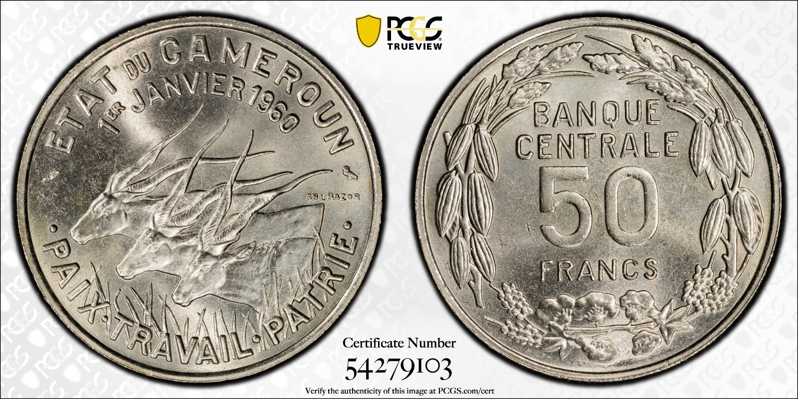 Cameroun 50 Francs 1960 PCGS MS 64