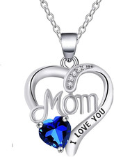I Love You Mom Birthstone Necklace, Heart Pendant Gift for Mother's Day