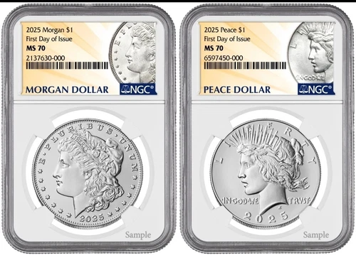 Presale 2025 Morgan & Peace Silver Dollar $1 NGC MS70 , First Day Issue FDI 2146