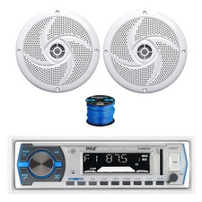 Pyle BT Marine MP3 Receiver, 2x 5.25" 180W White Speakers,Wire