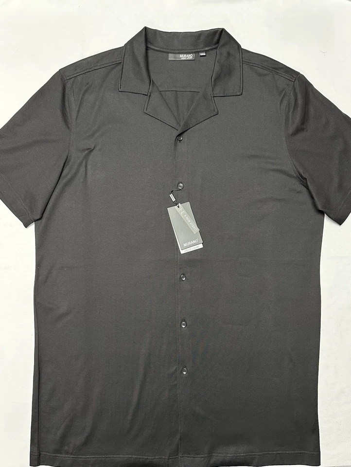 Camisa de hombre de lujo líquida de Murano 2XT manga corta 100 % algodón jersey botón negra Foto 3 de 4