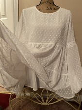 EoMENIE Swiss Dot Ruffle Tunic Blouse White Balloon Sleeve 100 Polyester S