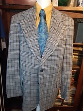 VTG 1970s 70s plaid sport coat Blue / Gray Mens Funky disco sz 40 Tall wide lap