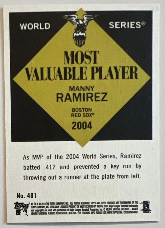 Manny Ramirez 2010 Topps Heritage High Number WS MVP SP #481 Red Sox ESE - Image 2 of 2