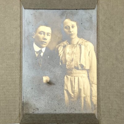 Antique Trifold Cabinet Card Couple Man Woman 1900s Duluth MN Minn Odd Old Photo