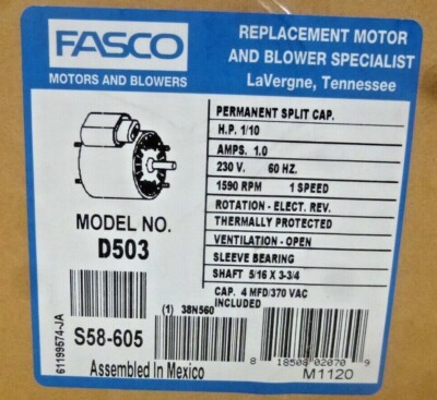 Fasco D405 Allzweckmotor – 1/10 PS, 115 V, 3000 U/min, Offen Belüftet, Mit Kugellager & Thermoschutz