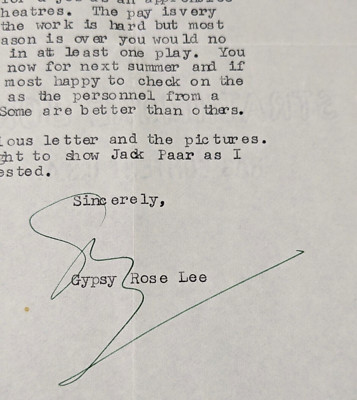 Gypsy Rose Lee Burlesque Dancer Actress Signed Letter Note 1958 Autograph