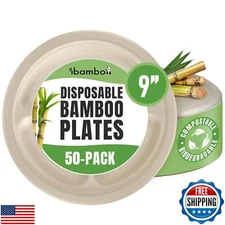 ibambo Bamboo Paper Compartment Plates Disposable (50-Pack, 9-inch) - Sturdy 