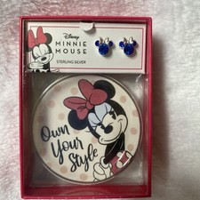 Disney Minnie Mouse Sapphire Blue Crystal Stud in Sterling Silver w/Trinket Dish