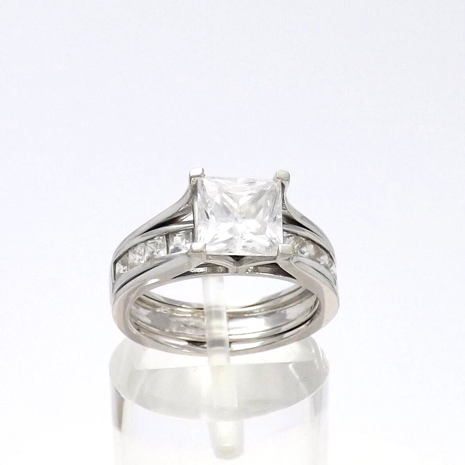 14k White Gold Princess Cut Cubic Zirconia Engagement Ring Wedding Band Setting - Image 3 of 4