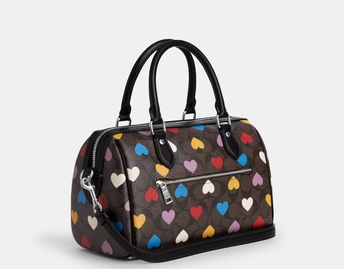 Borsa a tracolla Coach Rowan nuova con etichette in pelle firmata con stampa cuore CP109 marrone