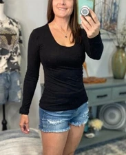 Sexy Slimming Scoop Neck Low Cut Long Sleeve Tissue Basic Baby Top Black PLUS