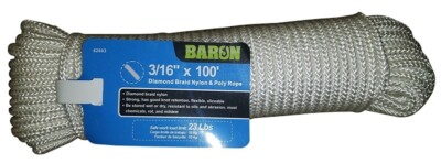 NEW BARON  62603 3/16 x 100' ROLL WHITE BRAIDED NYLON ROPE 7459290